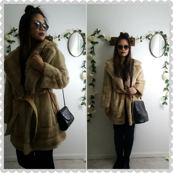 Vintage Tan Fur Suede Large Collared Avant Garde Boho England Trench Wrap Coat - Picture 3 of 10